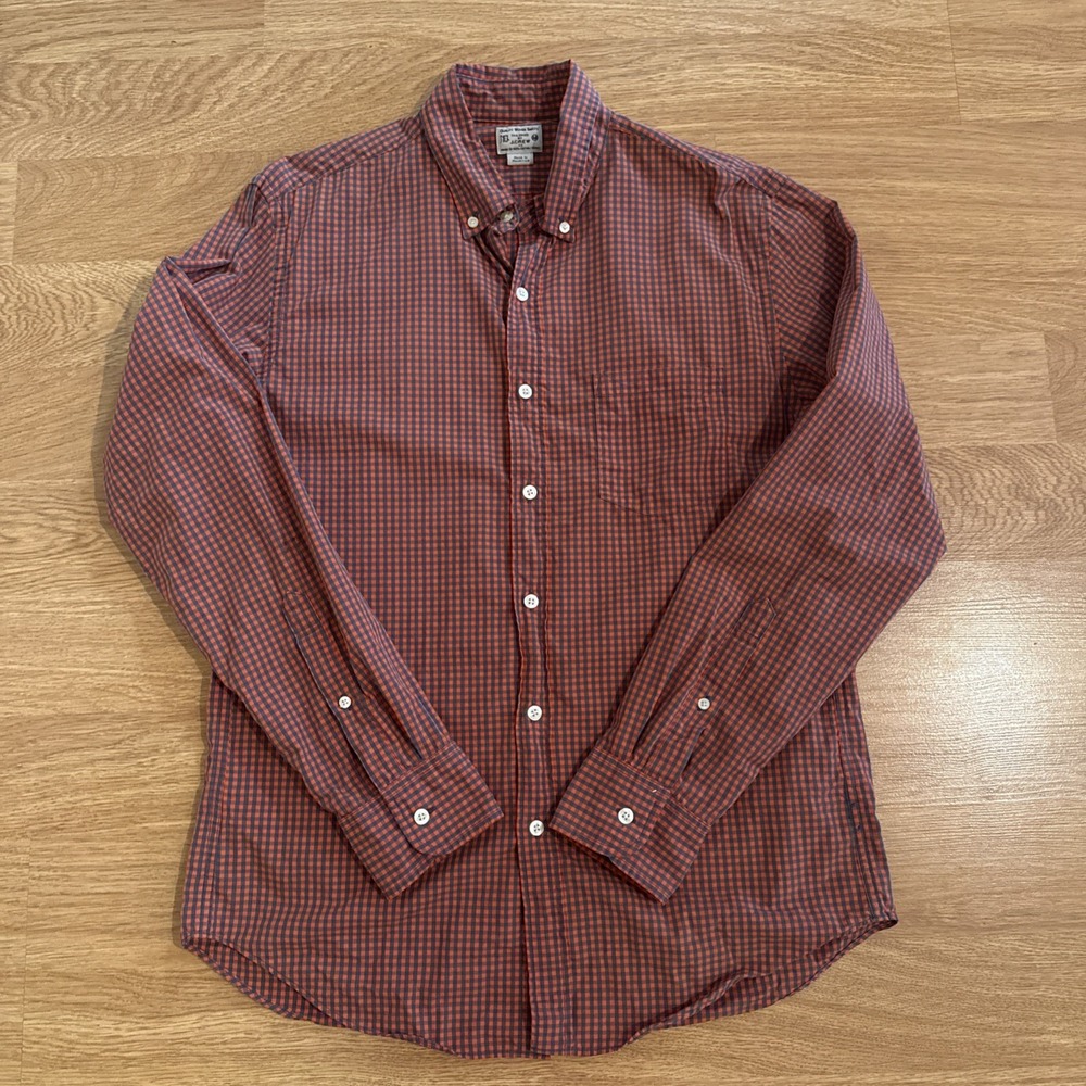 J. Crew‎ Shirt Men's Medium Orange/Blue Check Plaid Long Sleeve Cotton Preppy